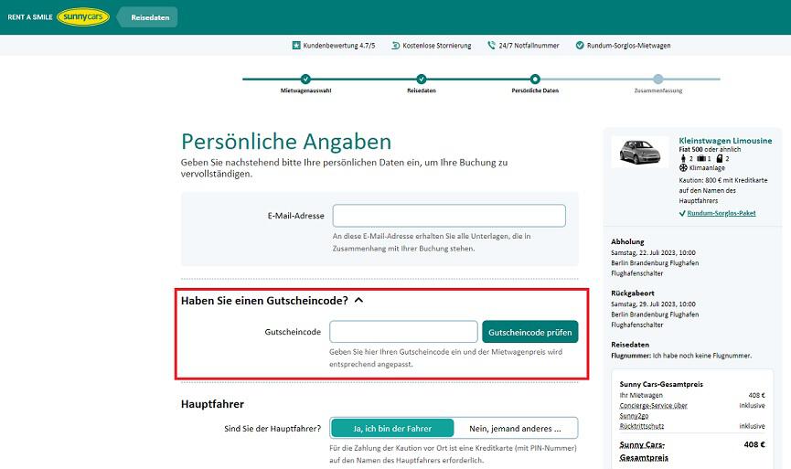 Screenshot aus dem Warenkorb mit Eingabefeld zum Sunny Cars Gutschein einlösen