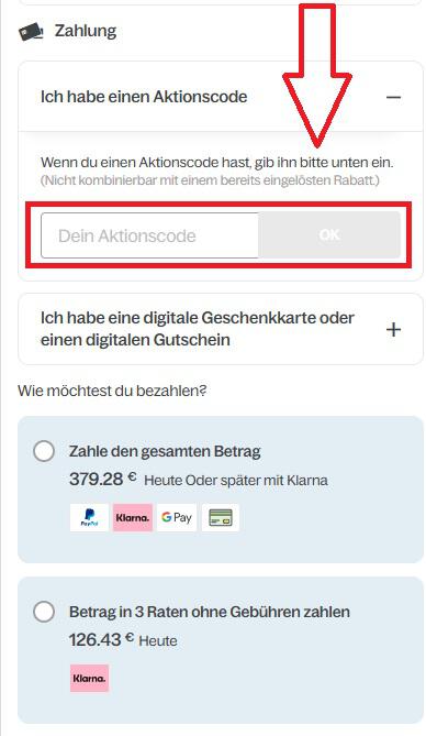 Screenshot aus dem Buchungsprozess mit Eingabefeld für deinen Sunparks Gutschein