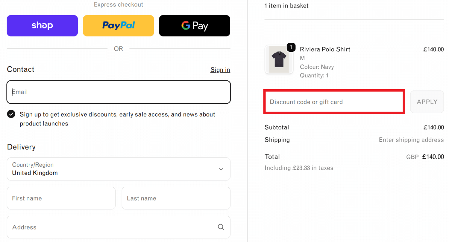 Sunspel discount code application box during checkout