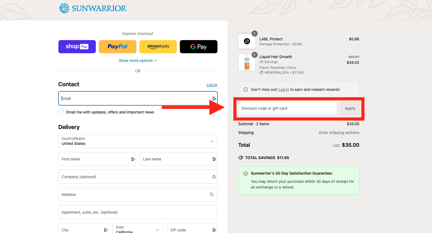 Sunwarrior promo code box at checkout