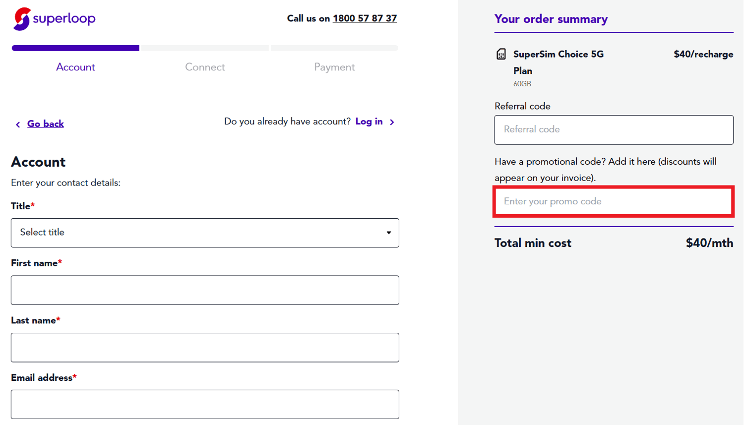 Superloop promo code box during checkout image