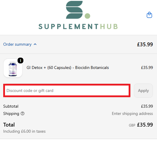 Image of the Supplement Hub UK discount code box on the checkout page