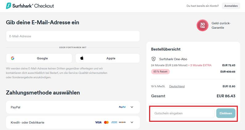 Screenshot aus dem Warenkorb mit Hinweis darauf, wo du den Surfshark Gutschein einlösen kannst