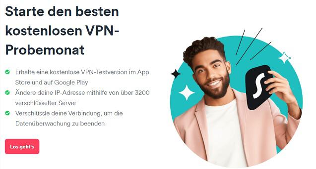 Mann mit Surfshark Logo in der Hand auf Banner für den kostenlosen VPN-Probemonat
