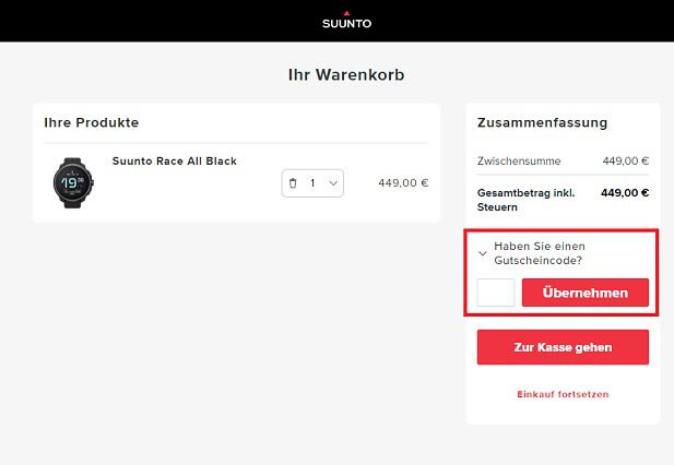 Warenkorb-Screenshot mit Eingabefeld für Suunto Gutschein