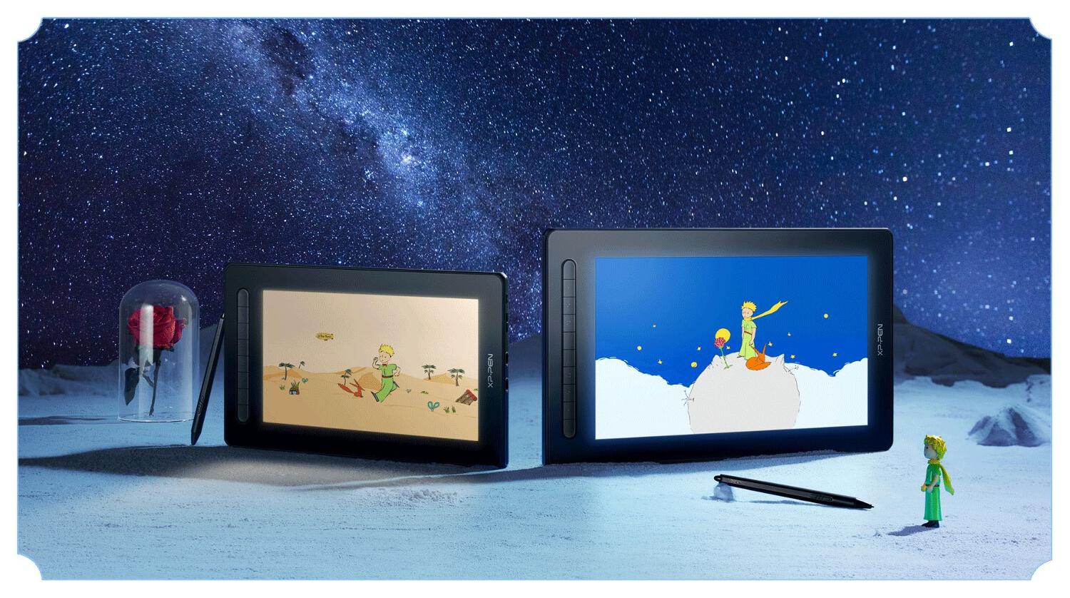 Deux tablettes graphiques XP-PEN montrant des illustrations à l&apos;effigie du Petit Prince