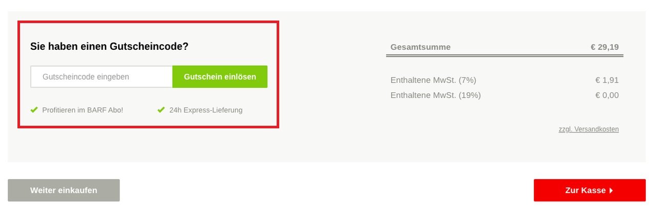 Warenkorbansicht mit Eingabefeld für Tackenberg-Gutscheincodes
