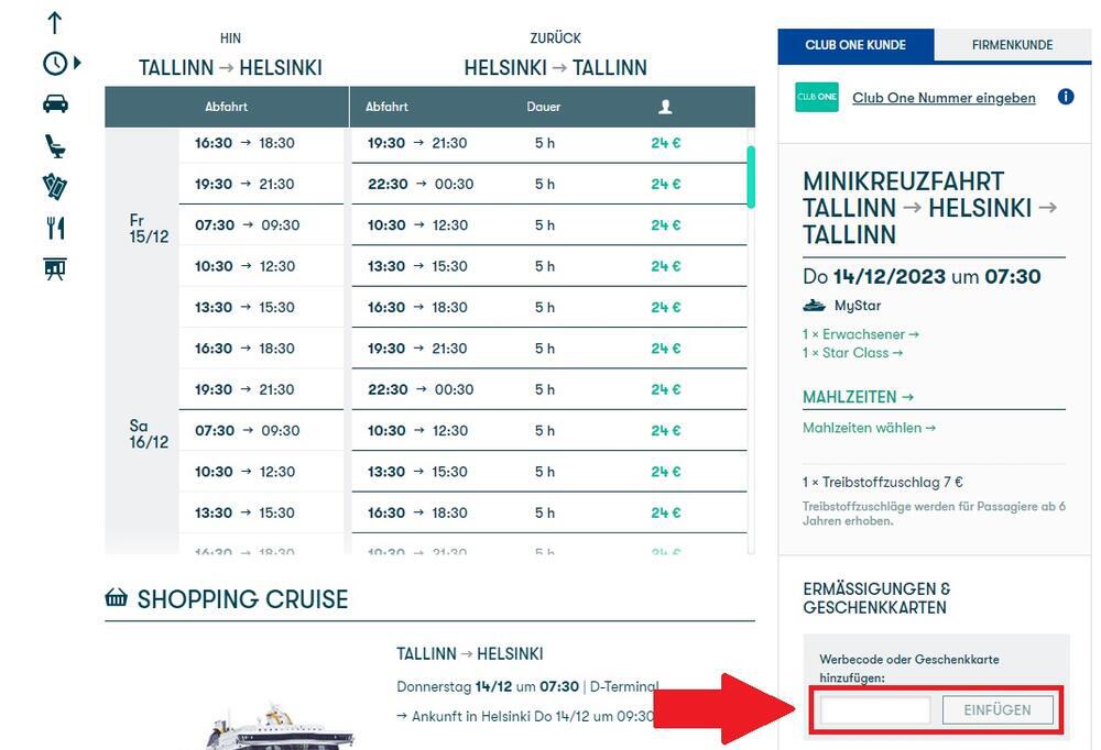Screenshot vom Buchungsprozess mit Eingabefeld für einen Tallink Gutschein