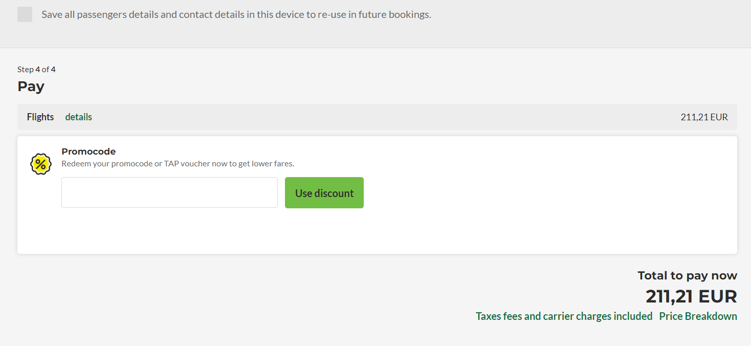 TAP Air Portugal promo code box during booking process image