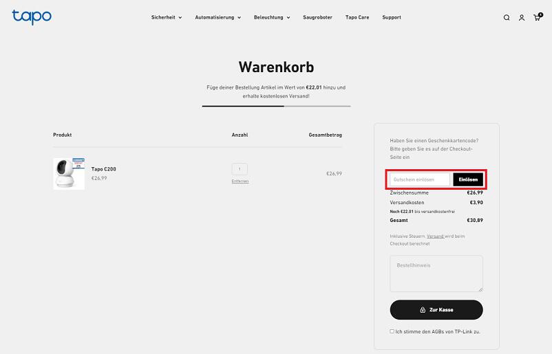 Screenshot aus dem Warenkorb mit Hinweis darauf, wie du den Tapo Gutschein einlösen kannst.