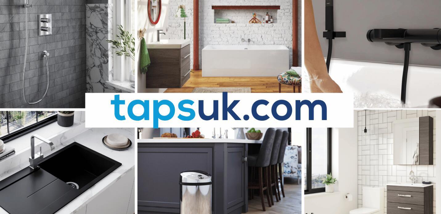 Taps UK how to save money guide image featuring multiple pictures of kitchen and bathrooms with the company logo overlaid on top