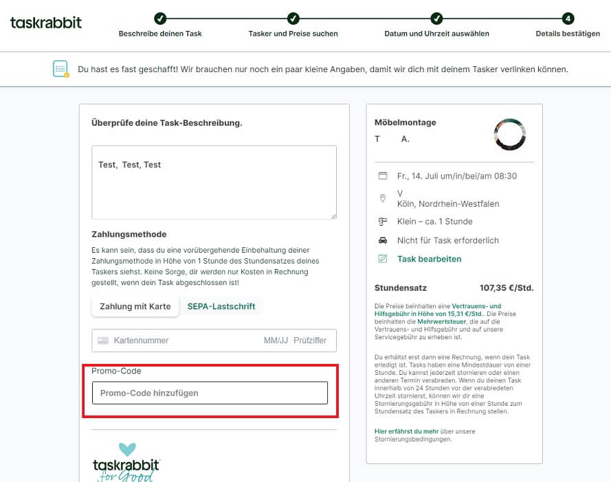 Screenshot aus dem Warenkorb mit Eingabefeld, wo du den TaskRabbit Gutschein einlösen kannst