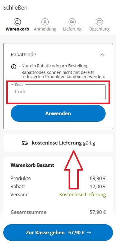 Warenkorbansicht mit Eingabefeld für den Tassimo-Gutschein