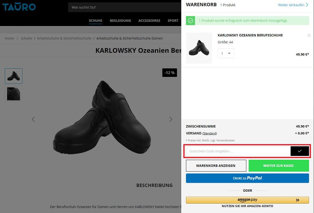 Screenshot aus dem Warenkorb mit Eingabefeld für die Einlösung vom Tauro Gutscheincode