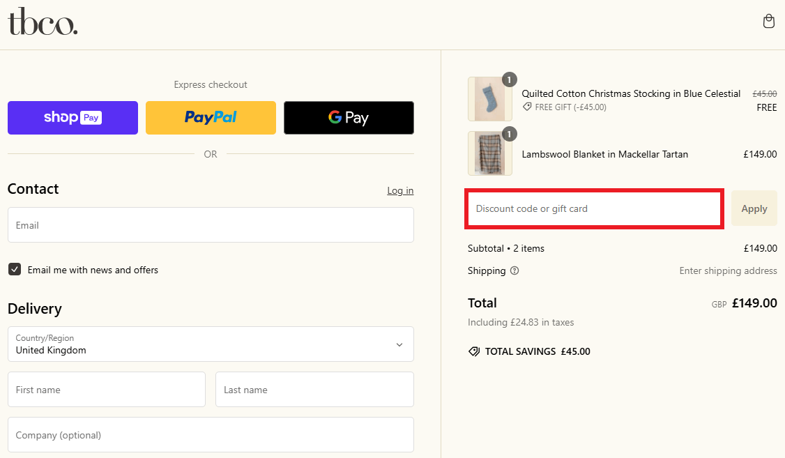TBCo discount code box in shopping basket