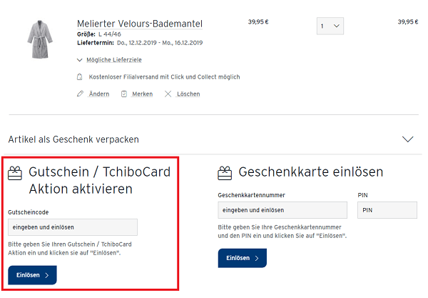 Eingabefeld für den Tchibo Gutschein im Warenkorb