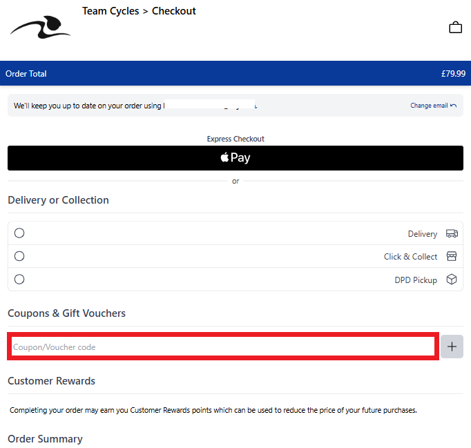 Team Cycles discount code redemption box in shopping basket