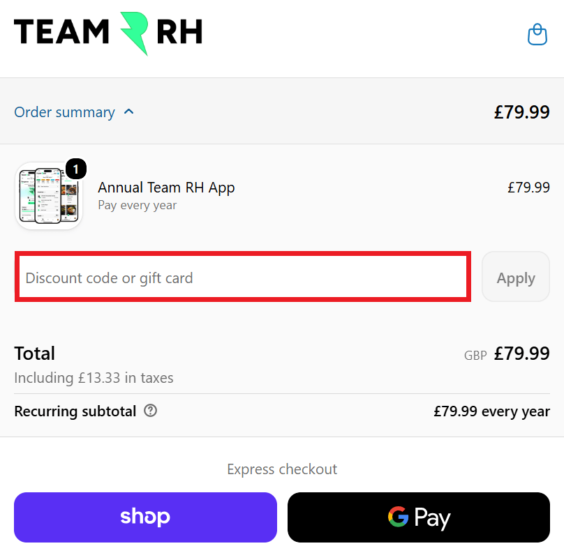 Team RH discount code section during checkout image 