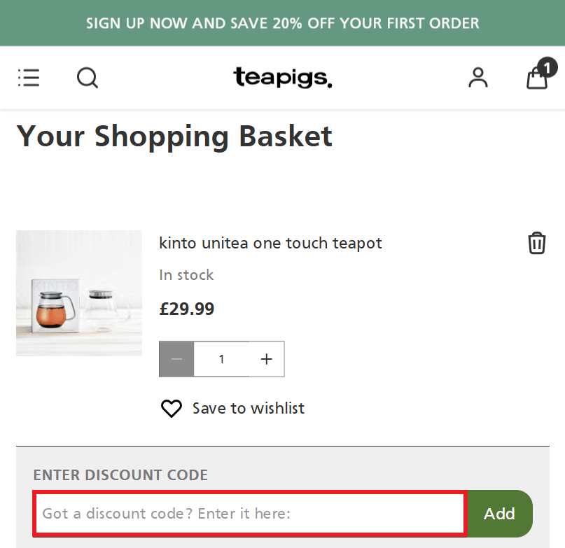teapigs discount code box in shopping basket image