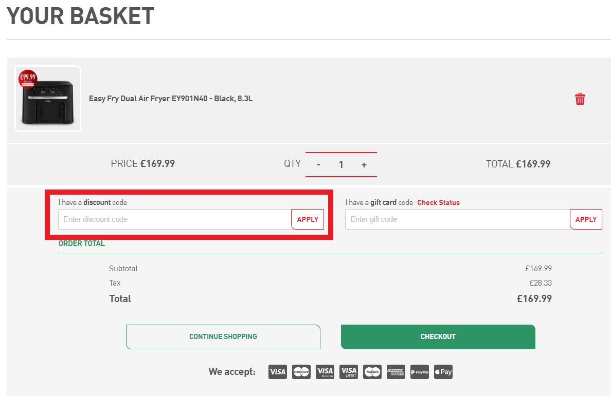 Tefal discount code area during checkout