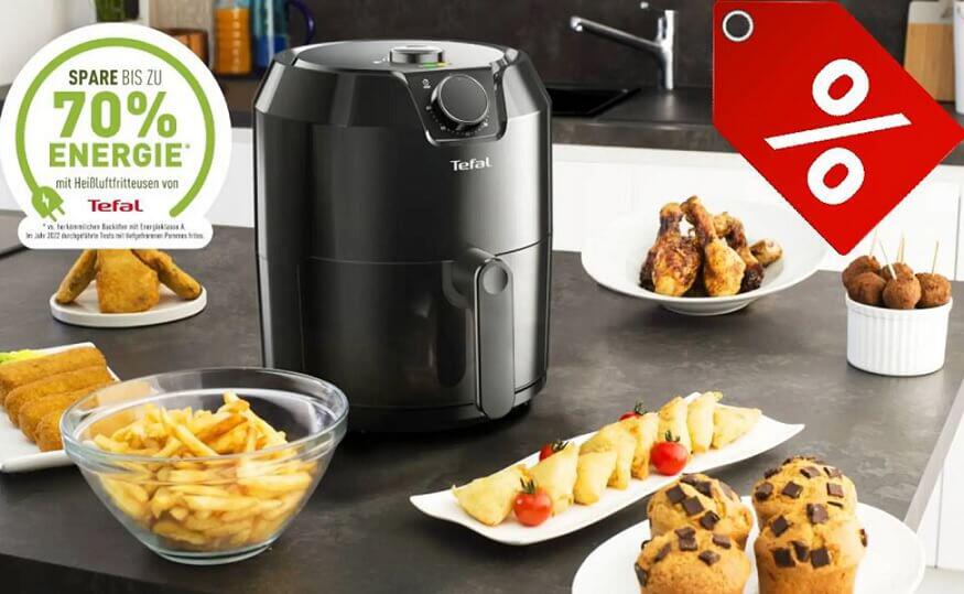 Mit Tefal Energie sparen: eine Tefal Heißluft-Fritteuse mit Hinweis auf 70 % Energie-Ersparnis