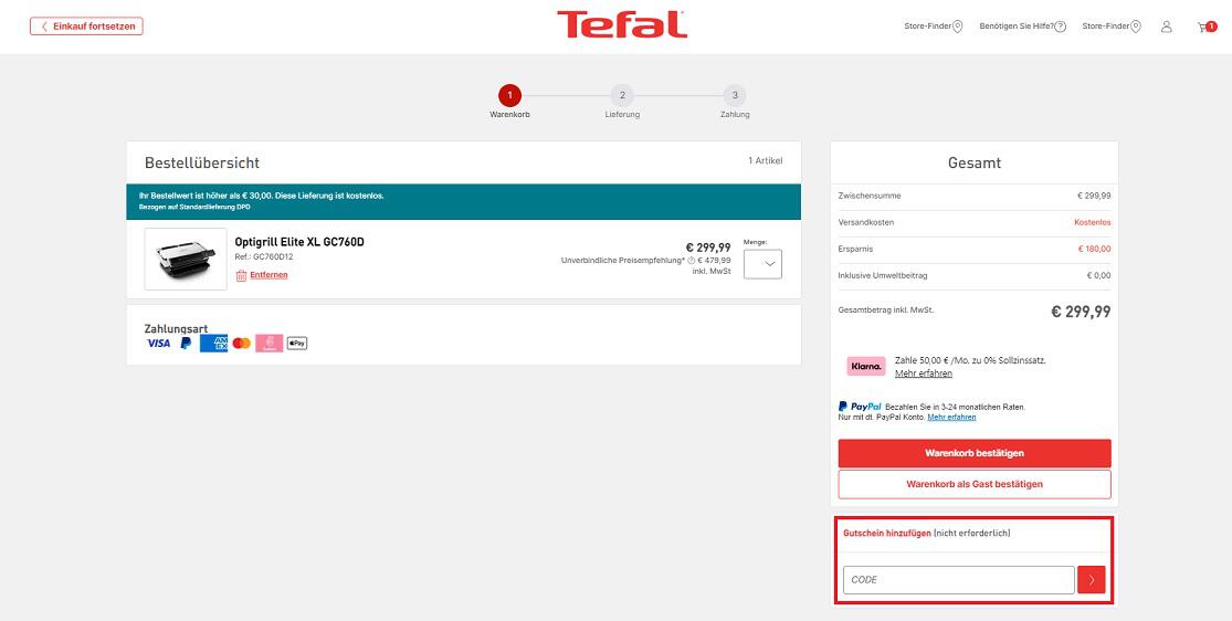 Screenshot aus dem Warenkorb mit Eingabefeld, wo du den Tefal Gutschein hinzufügen kannst