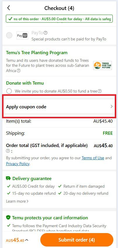 where to find the Temu coupon code box at checkout