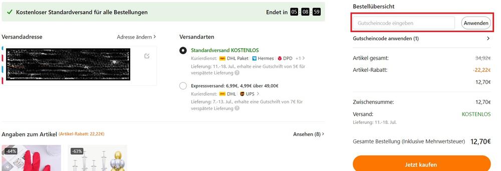 Screenshot vom Eingabefeld für den Temu Gutscheincode