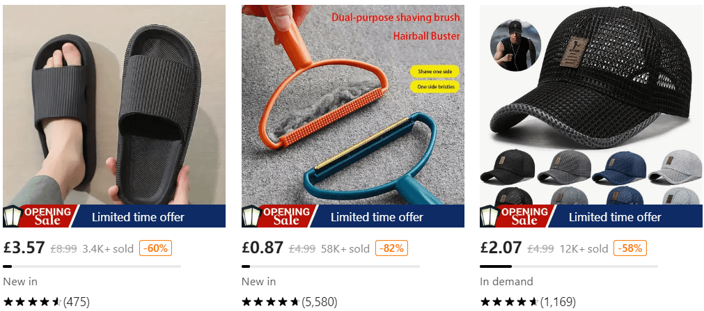 Temu more ways to save banner showing 3 product lines including foam slippers