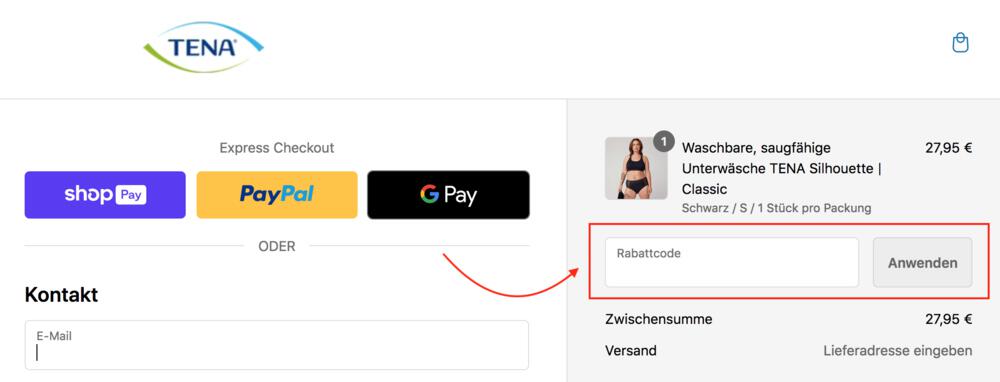 Warenkorb-Screenshot mit Eingabefeld für deinen Tena Gutschein