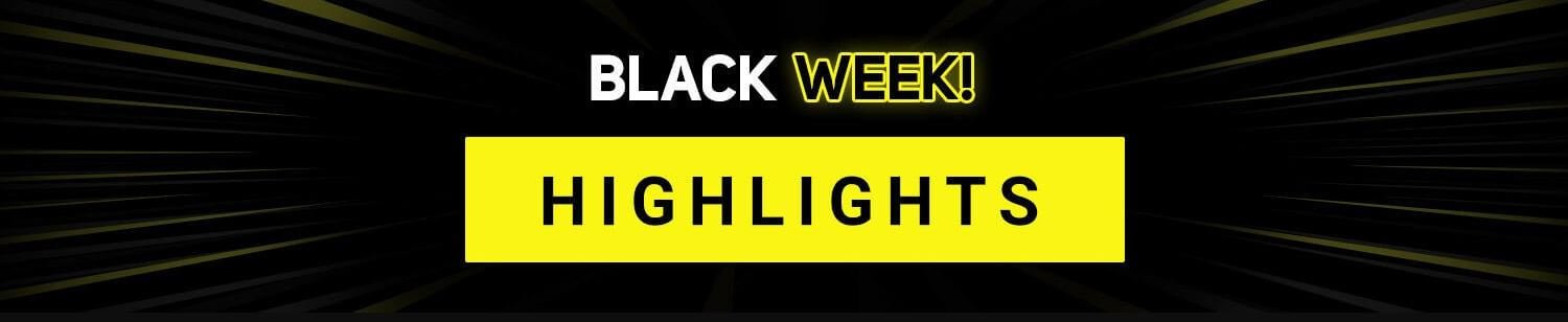 schwarzes Banner mit gelber Aufschrift "Black Week Highlights" als Banner für die Tennis Point Black Friday Deals