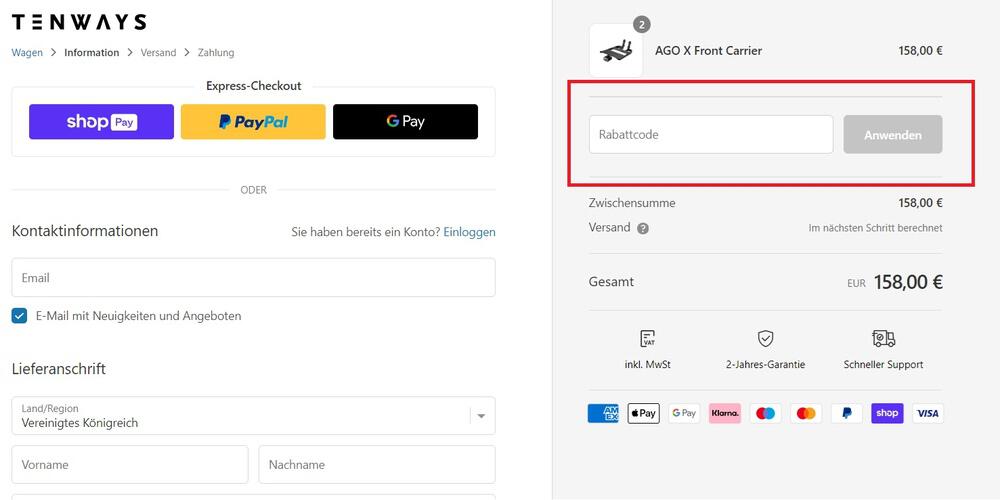 Eingabefeld für TENWAYS Gutschein beim Checkout