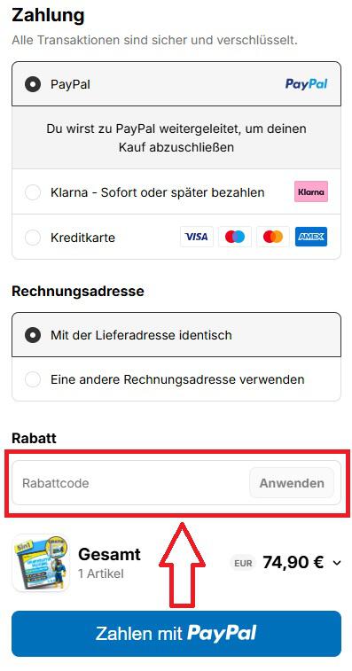 Screenshot vom Eingabefeld mit Hinweis darauf, wo du den TerraUno Gutschein einlösen kannst