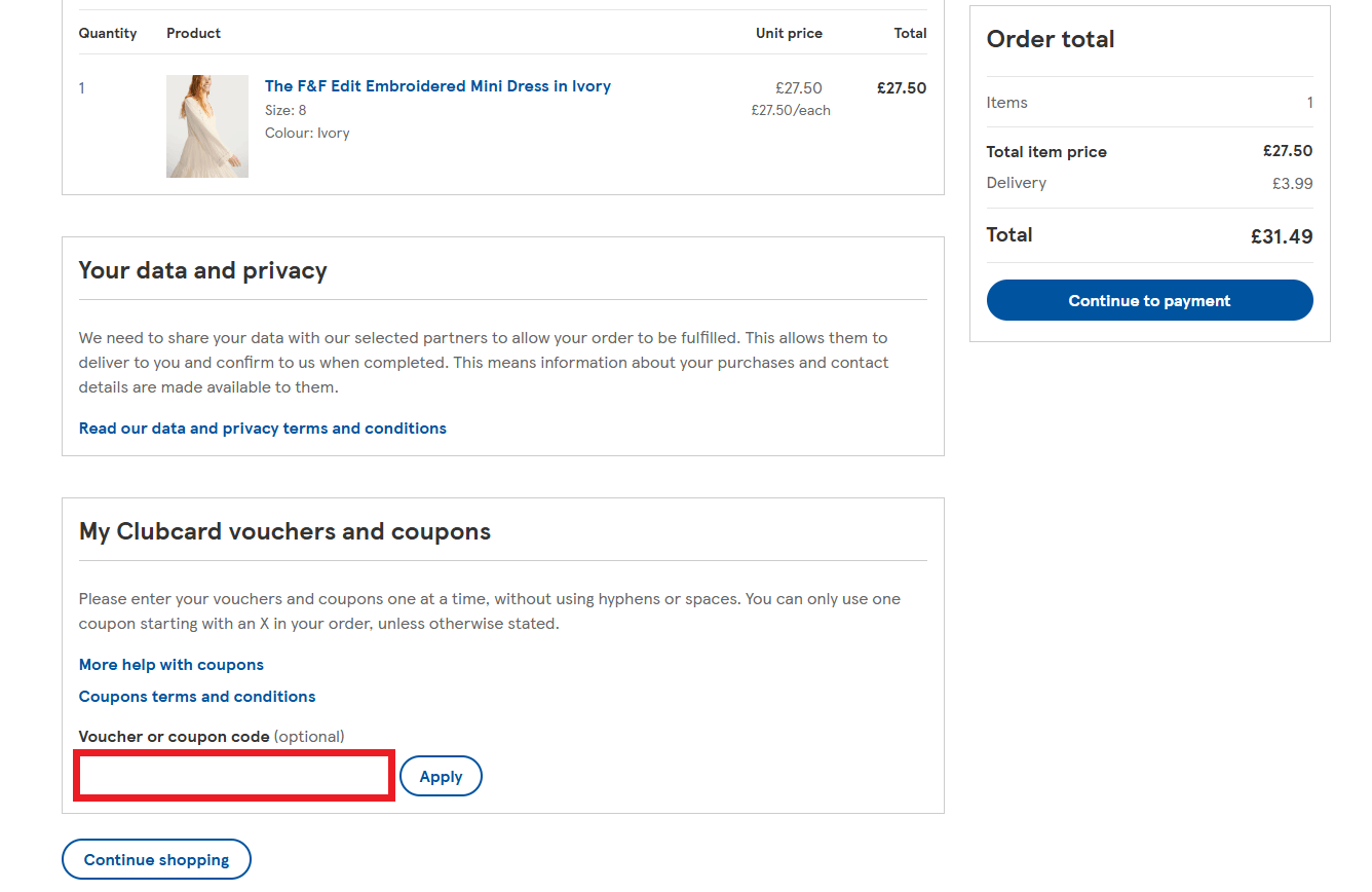 Tesco F&F discount code box in shopping basket