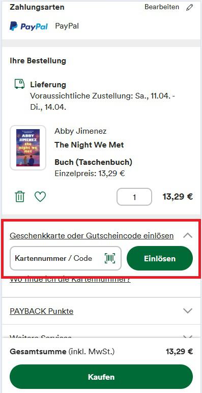 Eingabefeld für einen Thalia Gutscheincode an der Online-Kasse