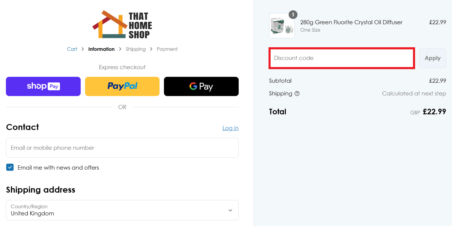That Home Shop discount code box in shopping cart