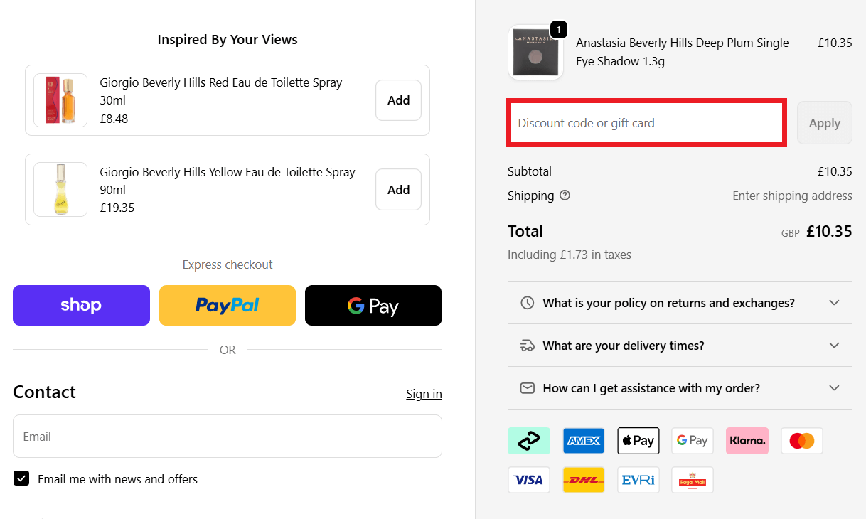 The Beauty Store discount code redemption box at checkout