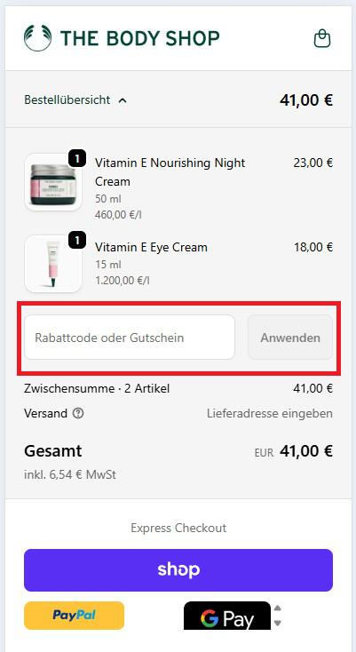 Screenshot vom Eingabefeld für einen The Body Shop Rabattcode