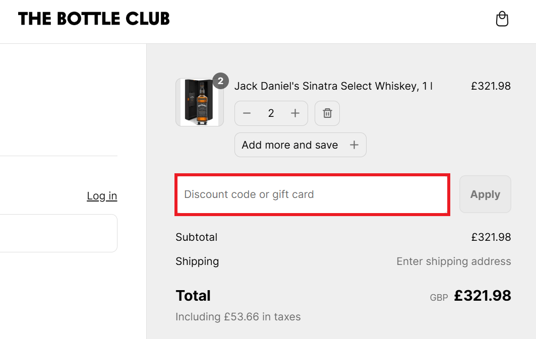The Bottle Club discount code box in shopping cart image