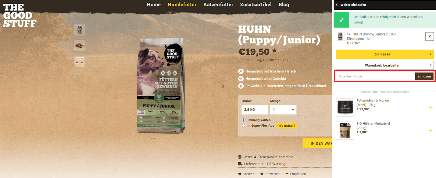 Screenshot vom Warenkorb mit Feld zum The Goodstuff Gutschein Einlösen