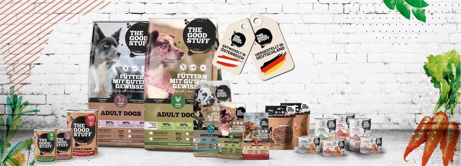 Banner für die The Goodstuff Gutscheinseite mit Foto von Hundefutter und Katzenfutter