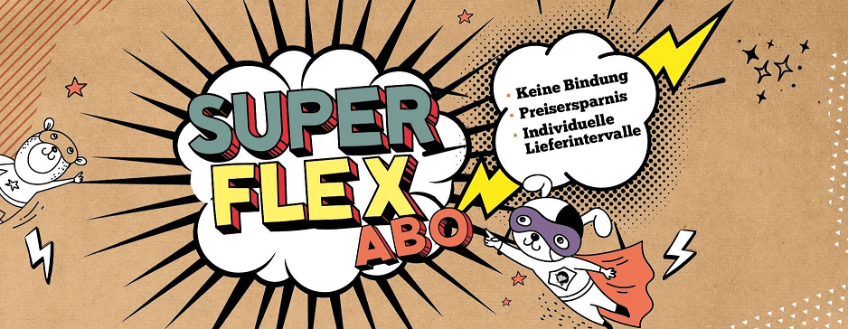 Banner für das The Goodstuff Superflex Abo mit den Vorteilen Preisersparnis, keine Bindung und individuelle Lieferintervalle