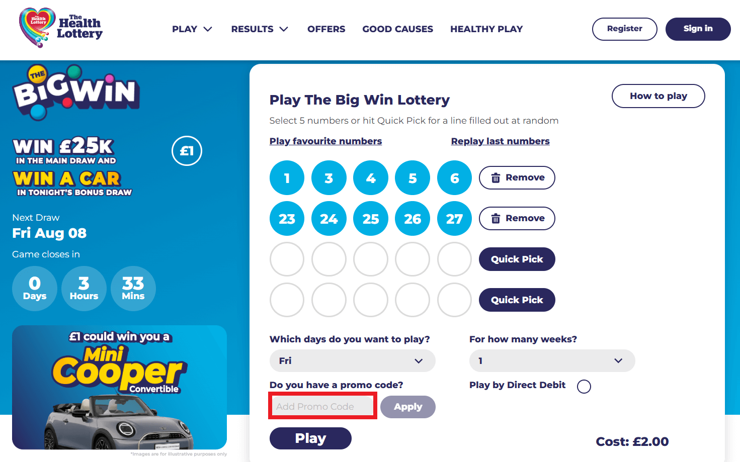 The Health Lottery promo code box during checkout image
