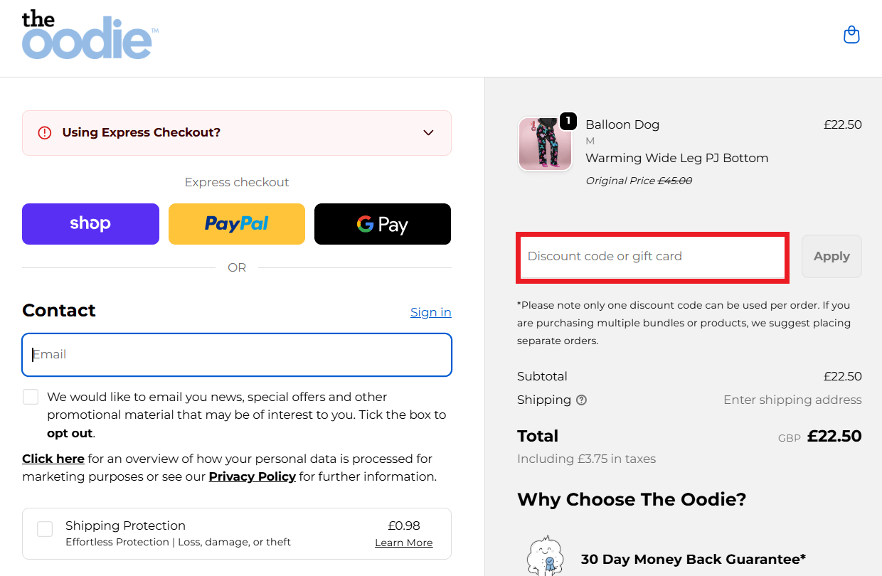 The Oodie discount code box in shopping cart image