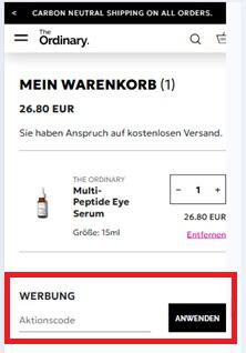 The Ordinary Rabattcode im Warenkorb einlösen