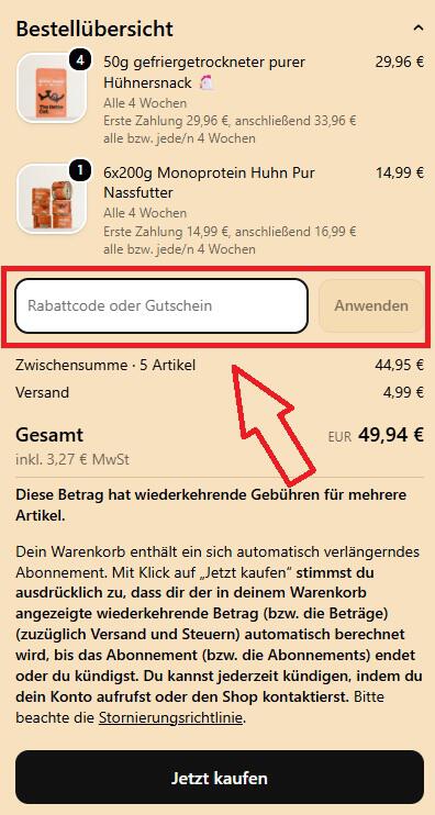 Screenshot vom Eingabefeld mit Hinweis darauf, wo du deinen The Better Cat Gutschein einlösen kannst