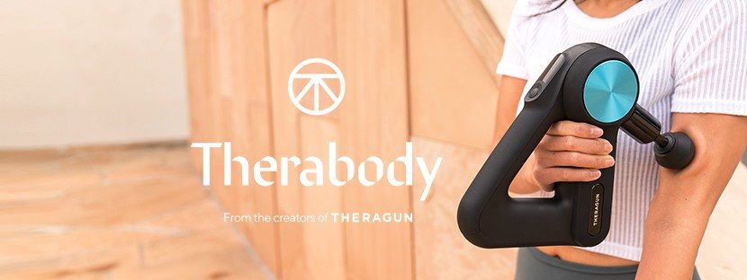 Woman using Therabody deep tissue massager on her bicep. Text reads: Therabody, from the creators of Theragun