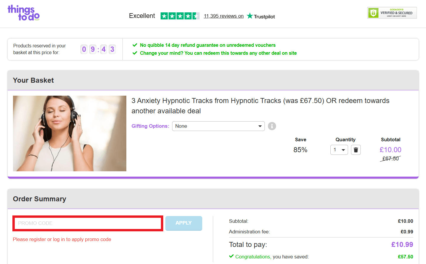 Things to Do discount code redemption box