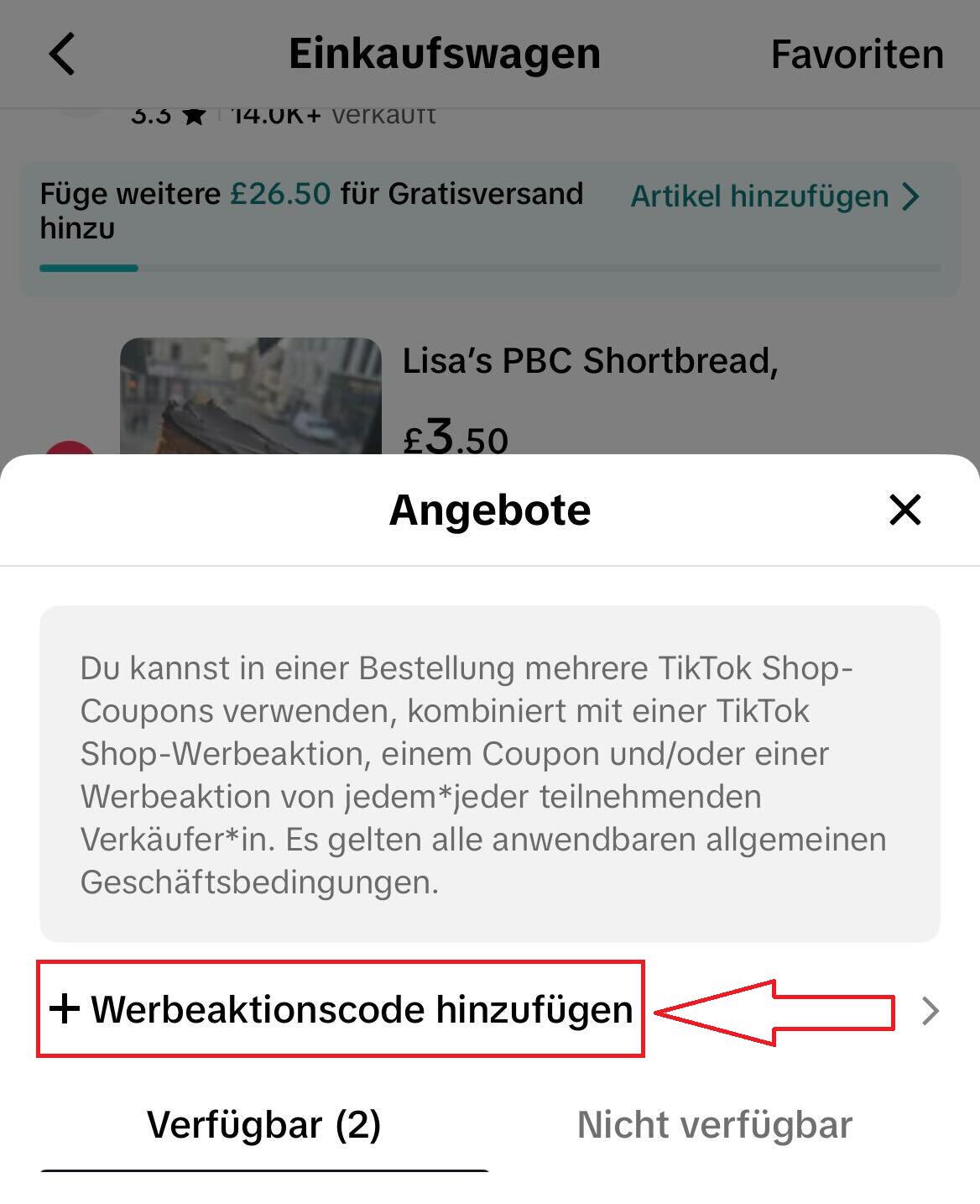 Screenshot vom Eingabefeld mit Hinweis darauf, wo du den TikTok Shop Gutschein einlösen kannst