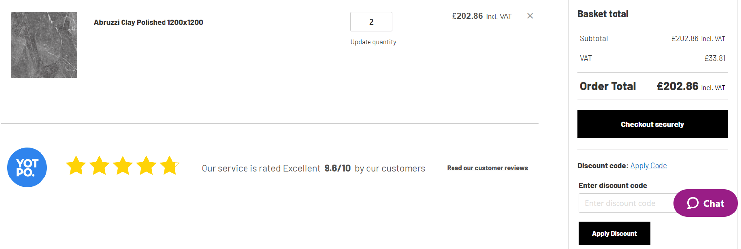 The Tile Giant discount code redemption box on the shopping cart page